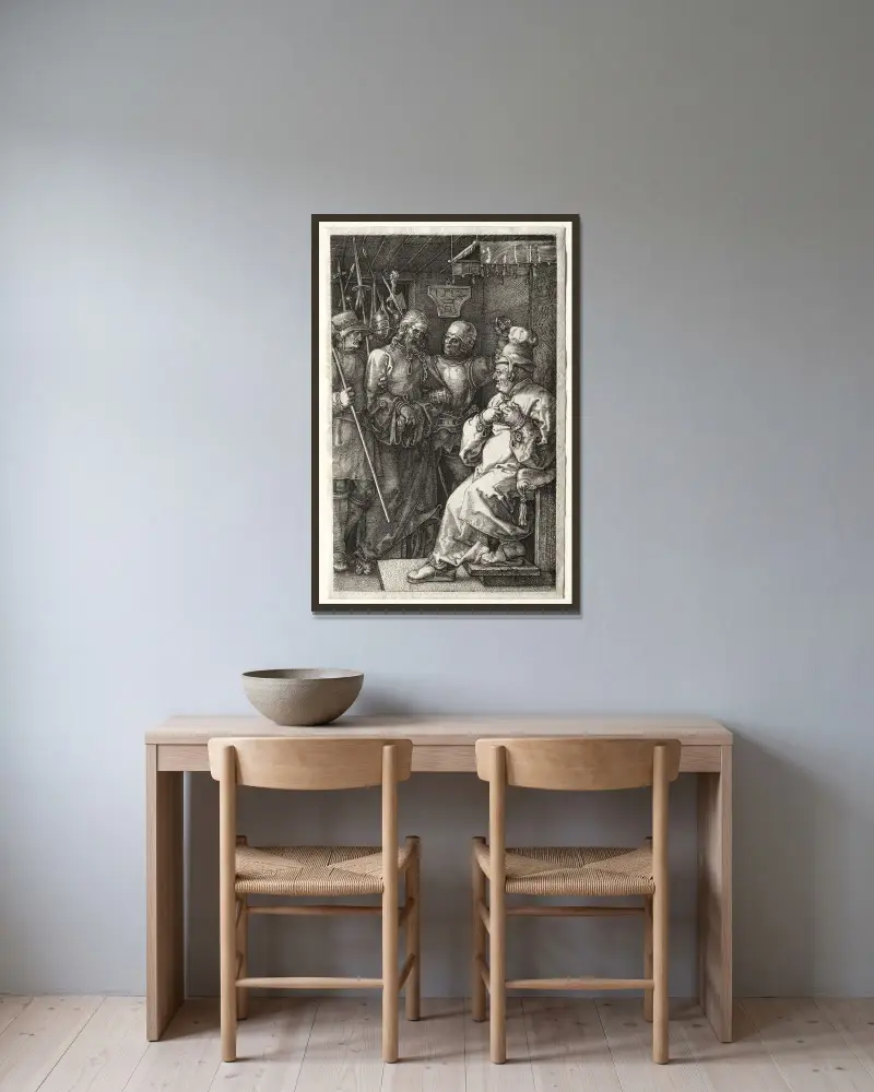 Christus vor Kaiphas von Albrecht Dürer gerahmt an einer Wand