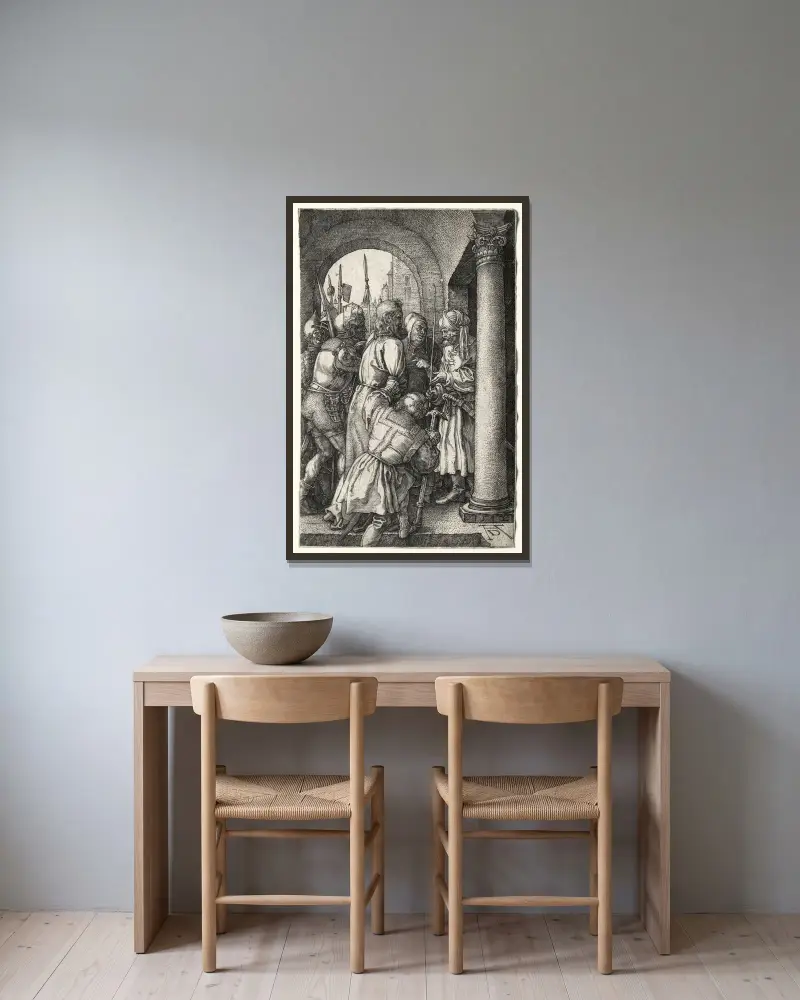 Christ Taken before Pilate av Albrecht Dürer inramad på en vägg