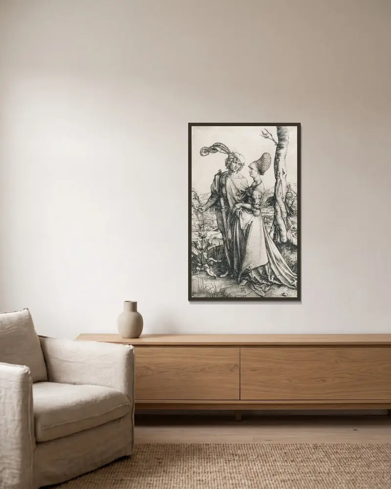 Tod und die Liebenden von Albrecht Dürer gerahmt an einer Wand