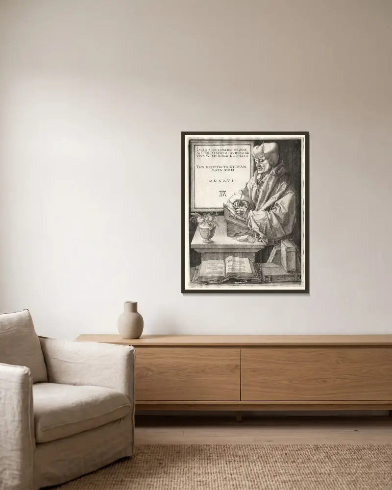 Desiderius Erasmus of Rotterdam av Albrecht Dürer inramad på en vägg