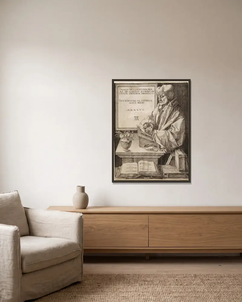 Erasmus of Rotterdam av Albrecht Dürer inramad på en vägg
