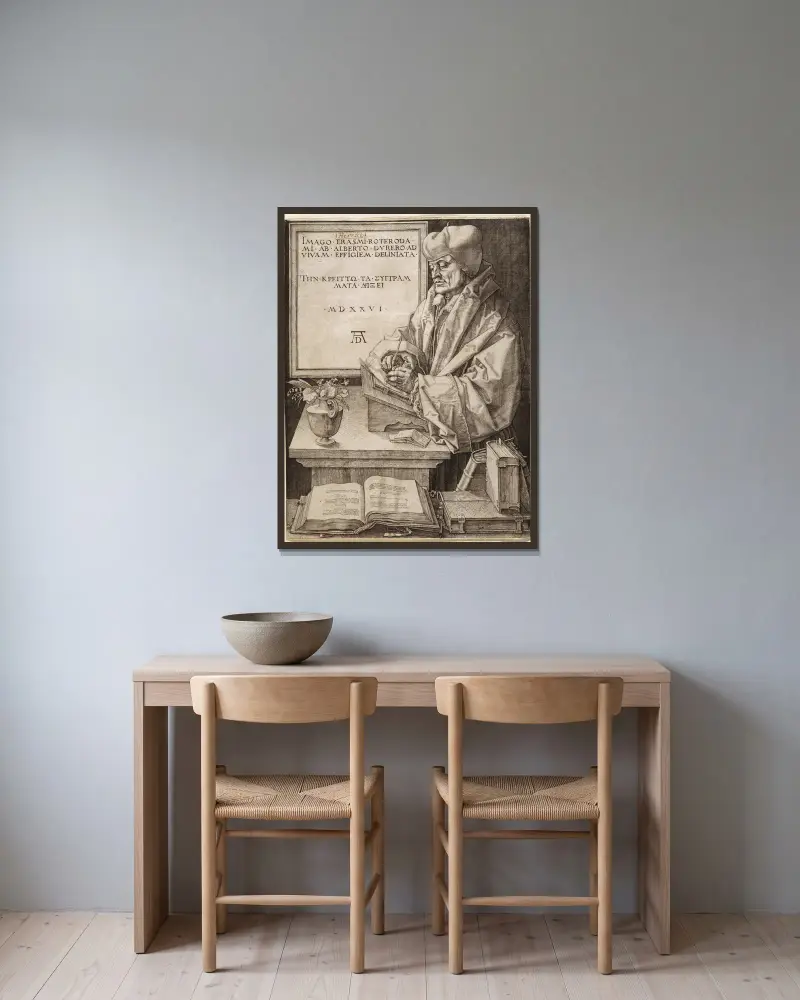 Erasmus of Rotterdam av Albrecht Dürer inramad på en vägg