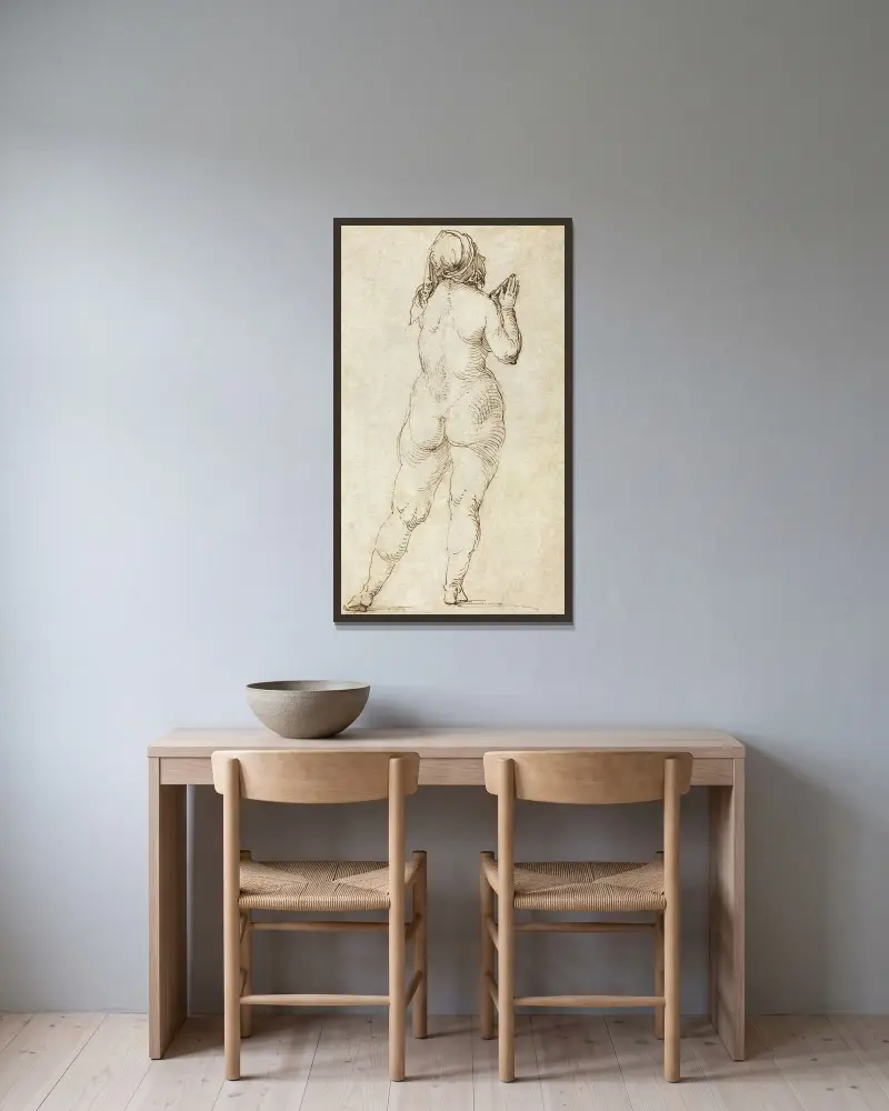 Female Nude Praying av Albrecht Dürer inramad på en vägg