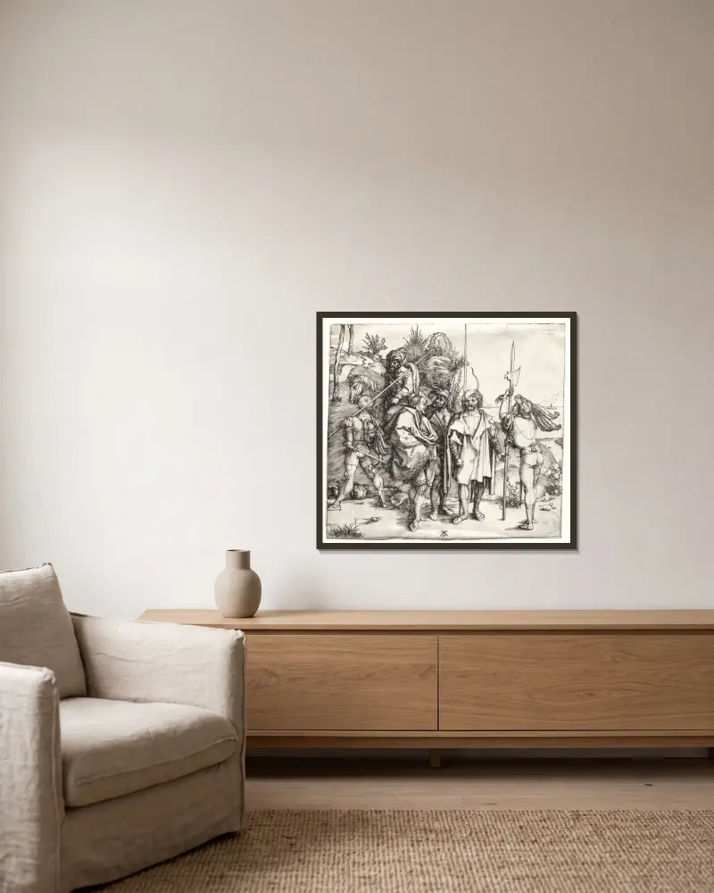 Fünf Soldaten und ein Türke zu Pferd von Albrecht Dürer gerahmt an einer Wand