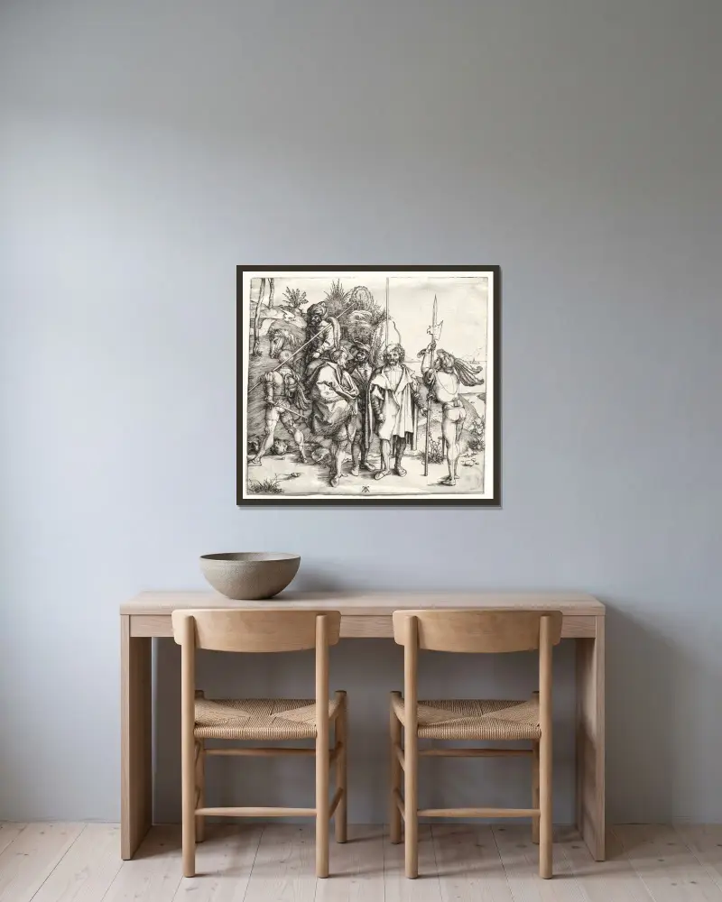 Fünf Soldaten und ein Türke zu Pferd von Albrecht Dürer gerahmt an einer Wand