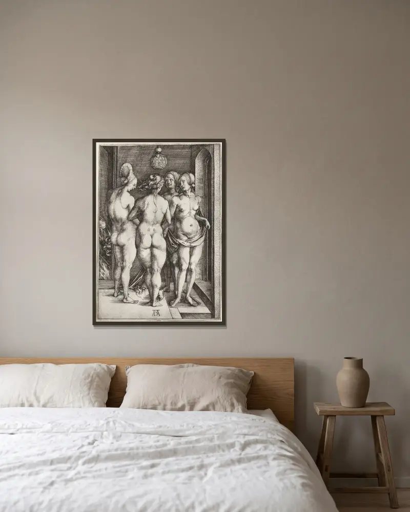 Four Naked Women (The Four Witches) av Albrecht Dürer inramad på en vägg
