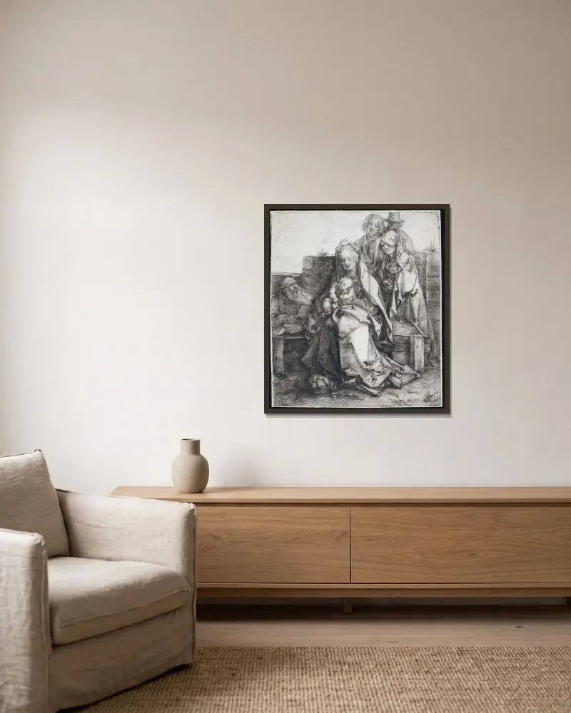 Den heliga familjen med Johannes, Magdalena och Nikodemus av Albrecht Dürer inramad på en vägg