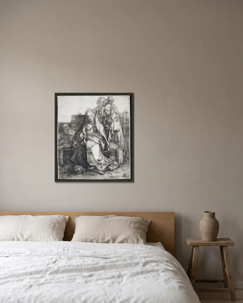 Den heliga familjen med Johannes, Magdalena och Nikodemus av Albrecht Dürer inramad på en vägg