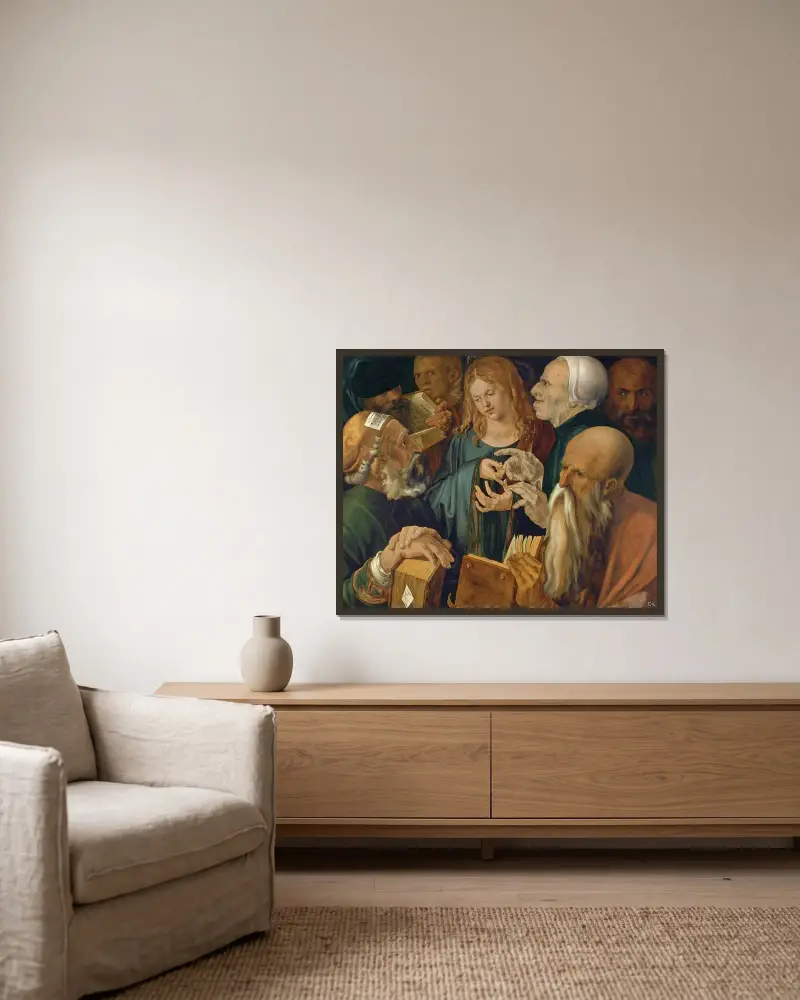 Jesus among the Doctors av Albrecht Dürer inramad på en vägg