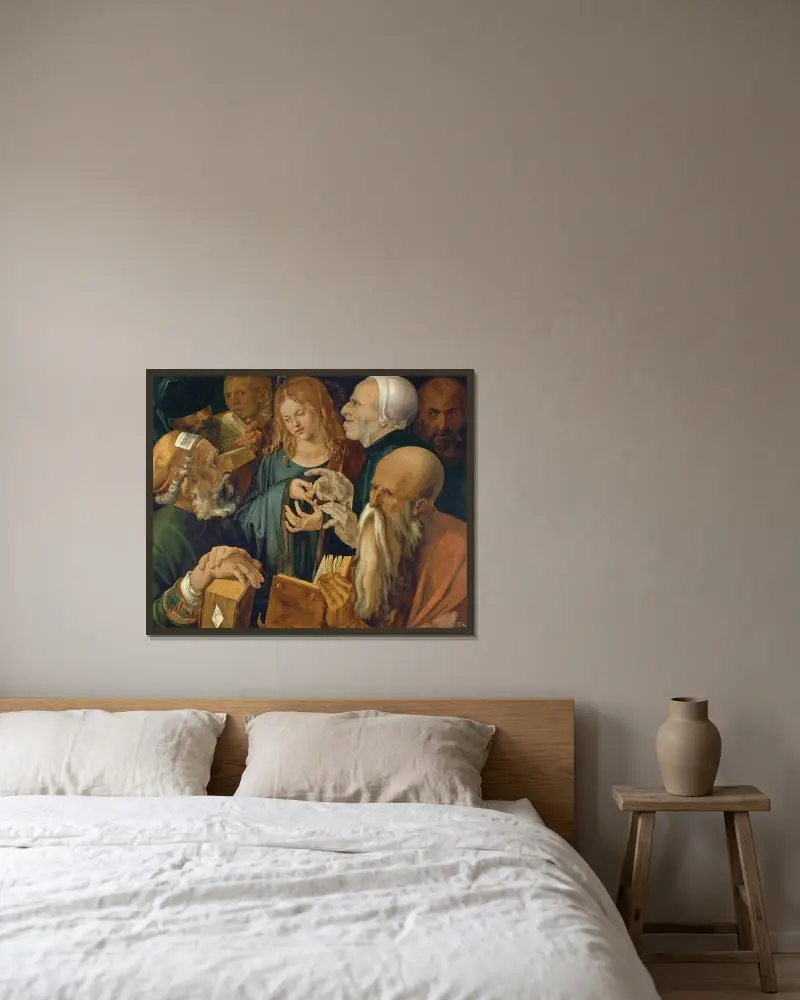 Jesus among the Doctors av Albrecht Dürer inramad på en vägg