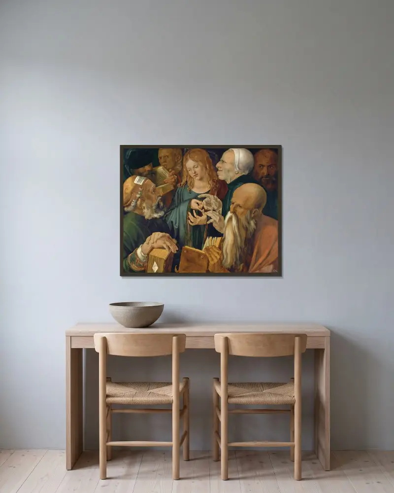 Jesus among the Doctors av Albrecht Dürer inramad på en vägg