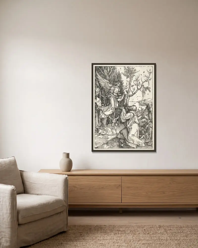 Joachim and the Angel av Albrecht Dürer inramad på en vägg