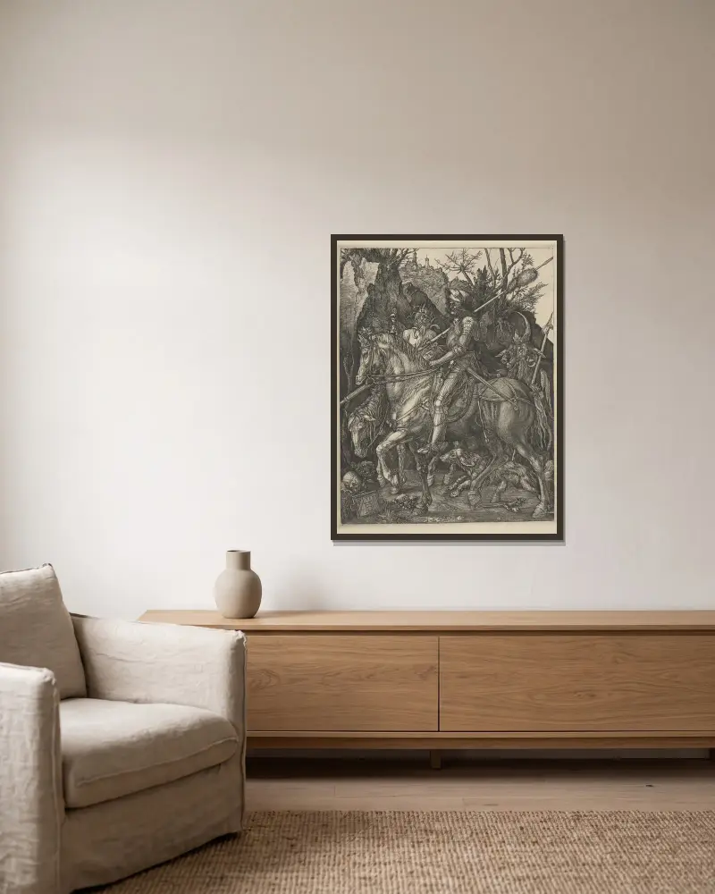 Rytíř, smrt a ďábel – Nr. 1, Albrecht Dürer v rámu na stěně