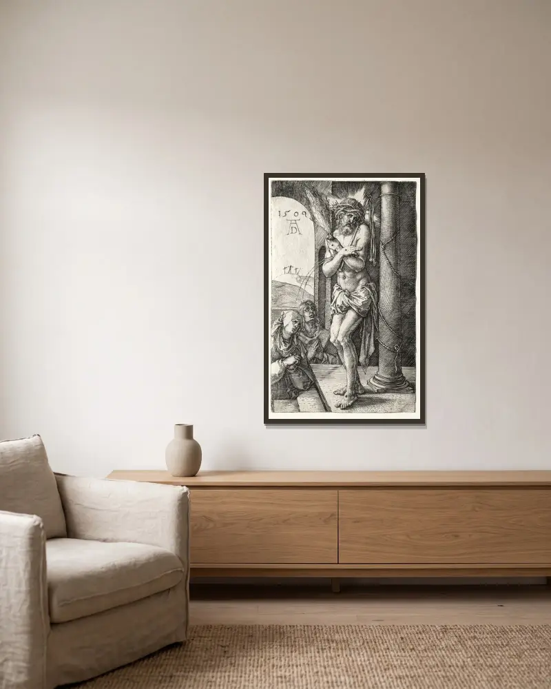 Smärtornas man vid pelaren av Albrecht Dürer inramad på en vägg