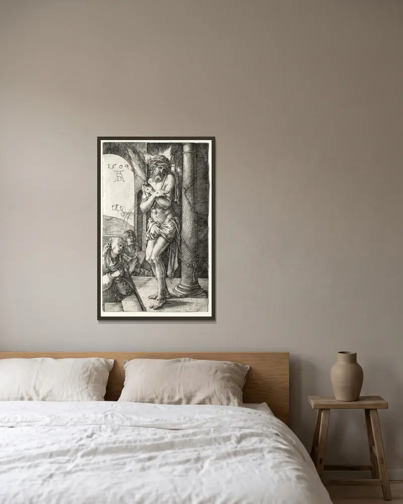 Smärtornas man vid pelaren av Albrecht Dürer inramad på en vägg