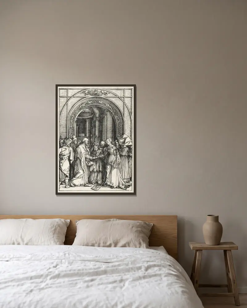 Marriage of the Virgin and St. Joseph av Albrecht Dürer inramad på en vägg