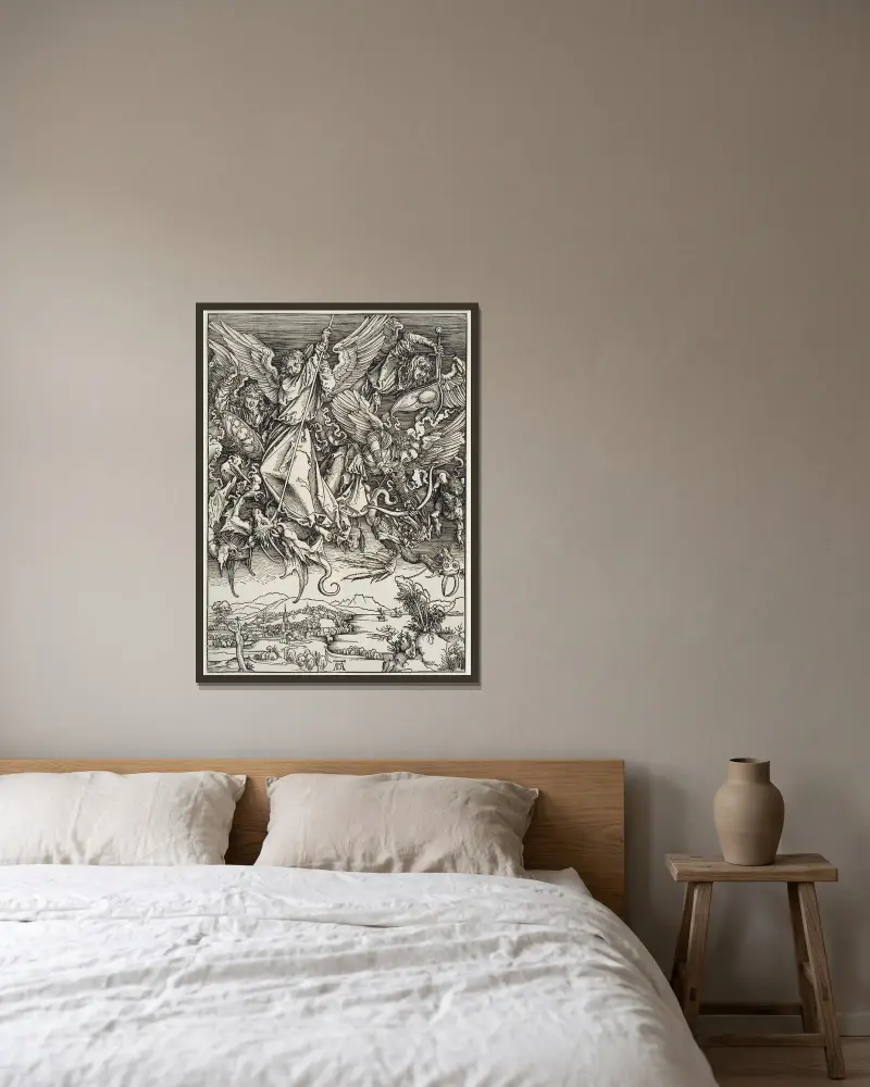 Michaels Kampf mit dem Drachen, aus der Folge der Apokalypse, Urausgabe Deutsch 1498 av Albrecht Dürer inramad på en vägg
