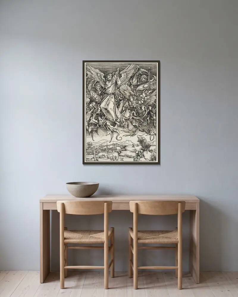 Michaels Kampf mit dem Drachen, aus der Folge der Apokalypse, Urausgabe Deutsch 1498 av Albrecht Dürer inramad på en vägg