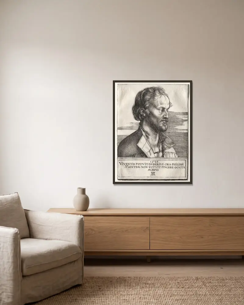 Philipp of Melanchthon av Albrecht Dürer inramad på en vägg