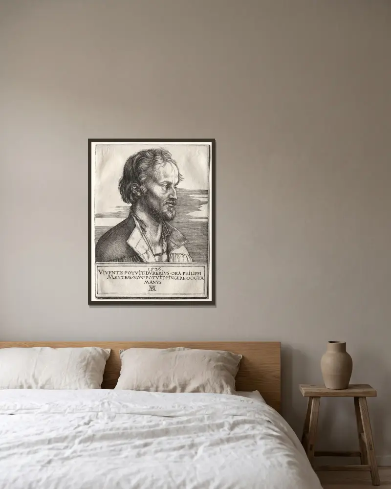 Philipp of Melanchthon av Albrecht Dürer inramad på en vägg