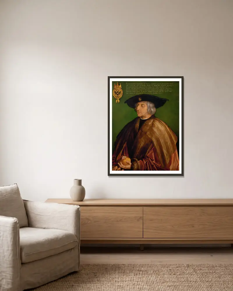 Portrait Of Maximilian I av Albrecht Dürer inramad på en vägg