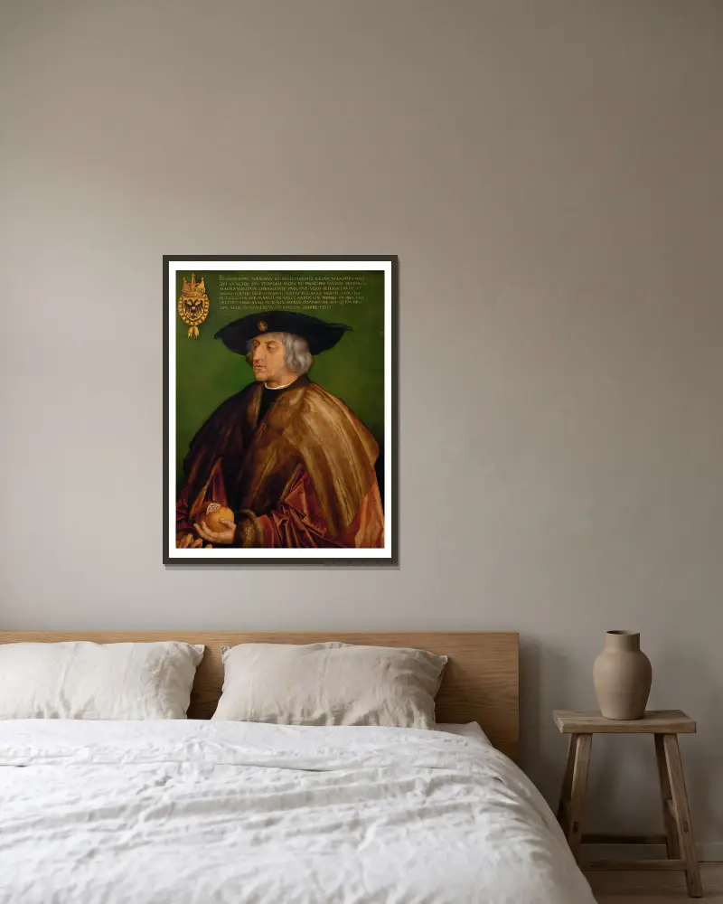 Portrait Of Maximilian I av Albrecht Dürer inramad på en vägg