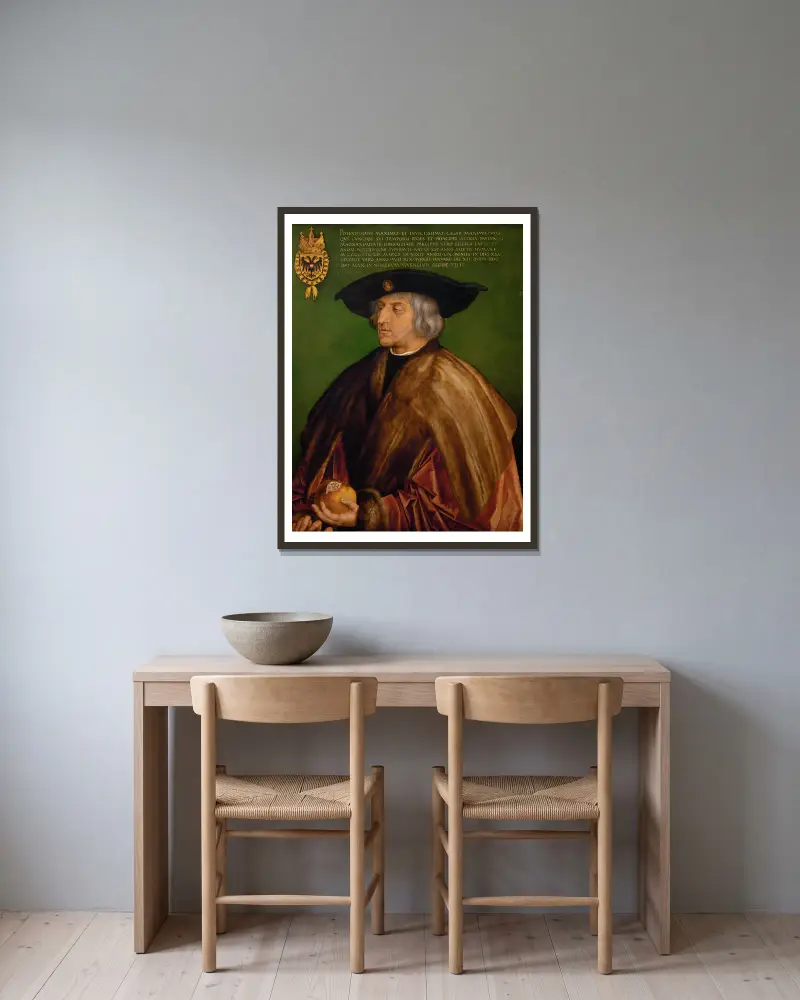 Portrait Of Maximilian I av Albrecht Dürer inramad på en vägg