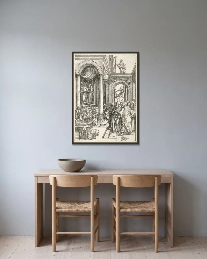 Presentation of the Young Virgin in the Temple av Albrecht Dürer inramad på en vägg