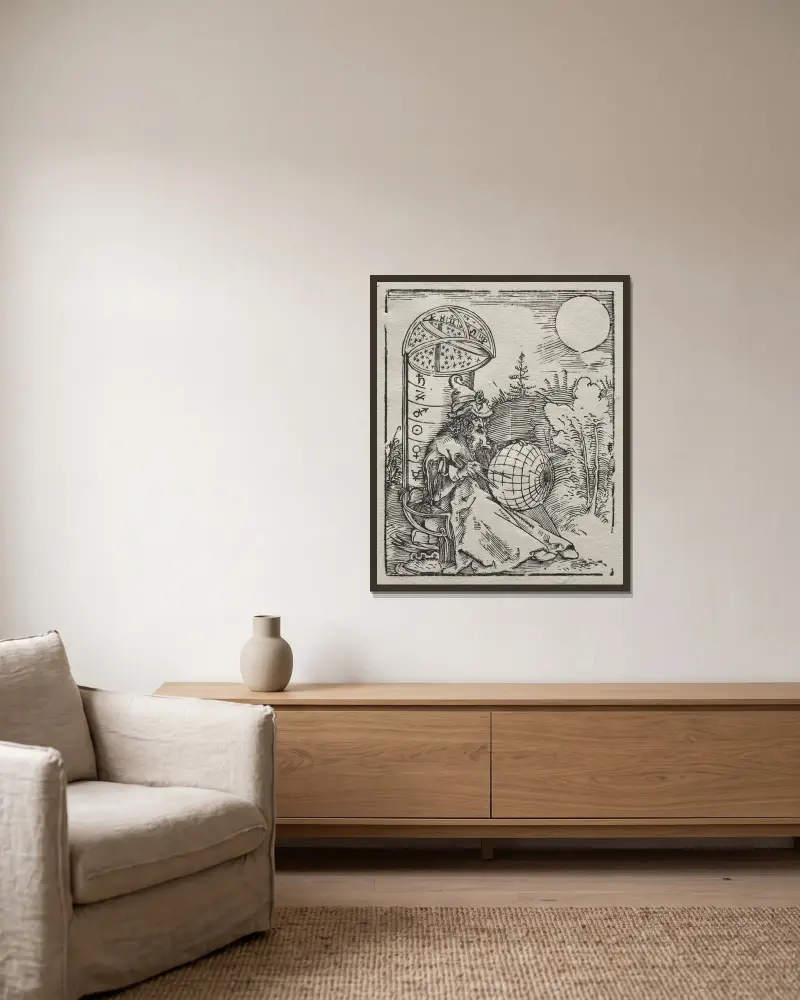 Ptolemaeus mit dem Himmelsglobus av Albrecht Dürer inramad på en vägg