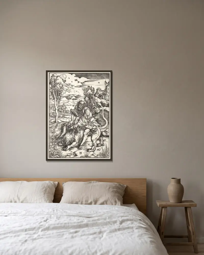 Samson a lev, Albrecht Dürer v rámu na stěně
