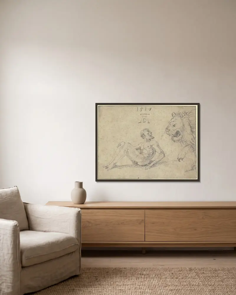 Sitzender nackter Mann mit einem Löwen von Albrecht Dürer gerahmt an einer Wand
