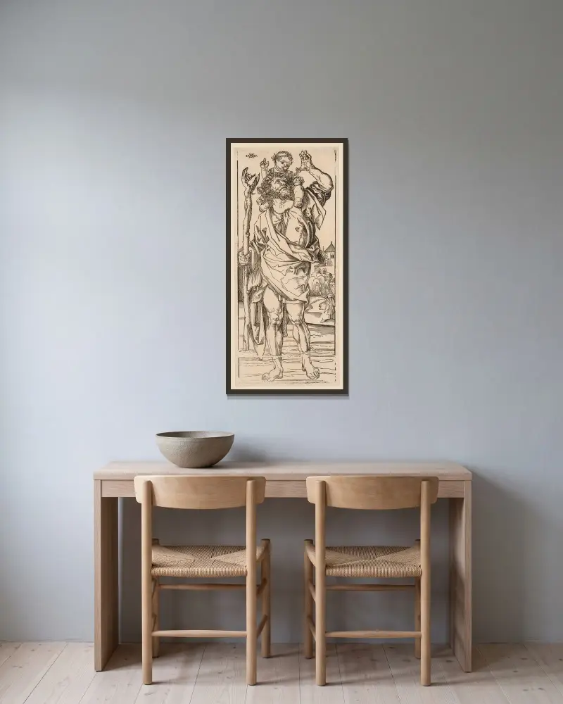 Svatý Kryštof přechází řeku, Albrecht Dürer v rámu na stěně