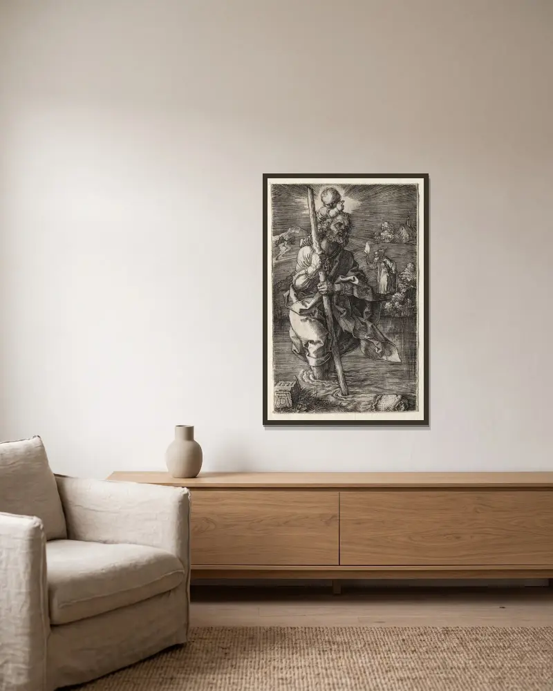 Der heilige Christophorus, nach rechts gewandt von Albrecht Dürer gerahmt an einer Wand