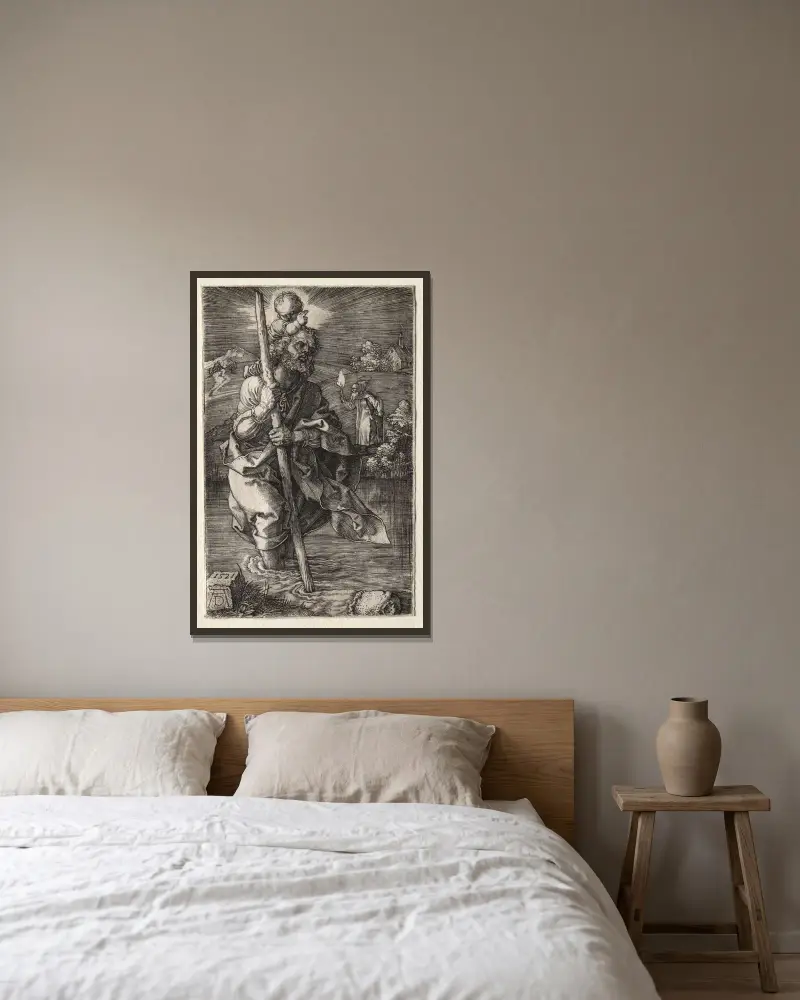 Der heilige Christophorus, nach rechts gewandt von Albrecht Dürer gerahmt an einer Wand