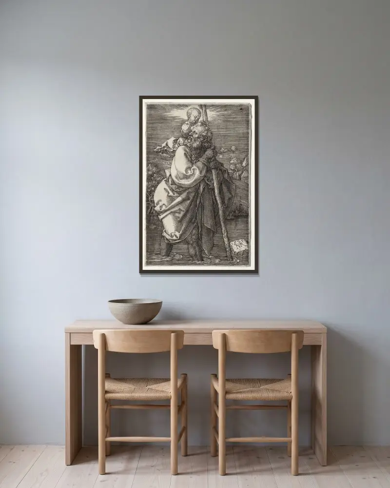 St. Christopher, Facing to the Left av Albrecht Dürer inramad på en vägg