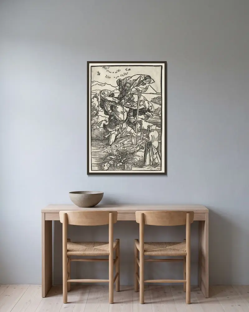 St. Christopher with the Birds (c. 1501–4) av Albrecht Dürer inramad på en vägg