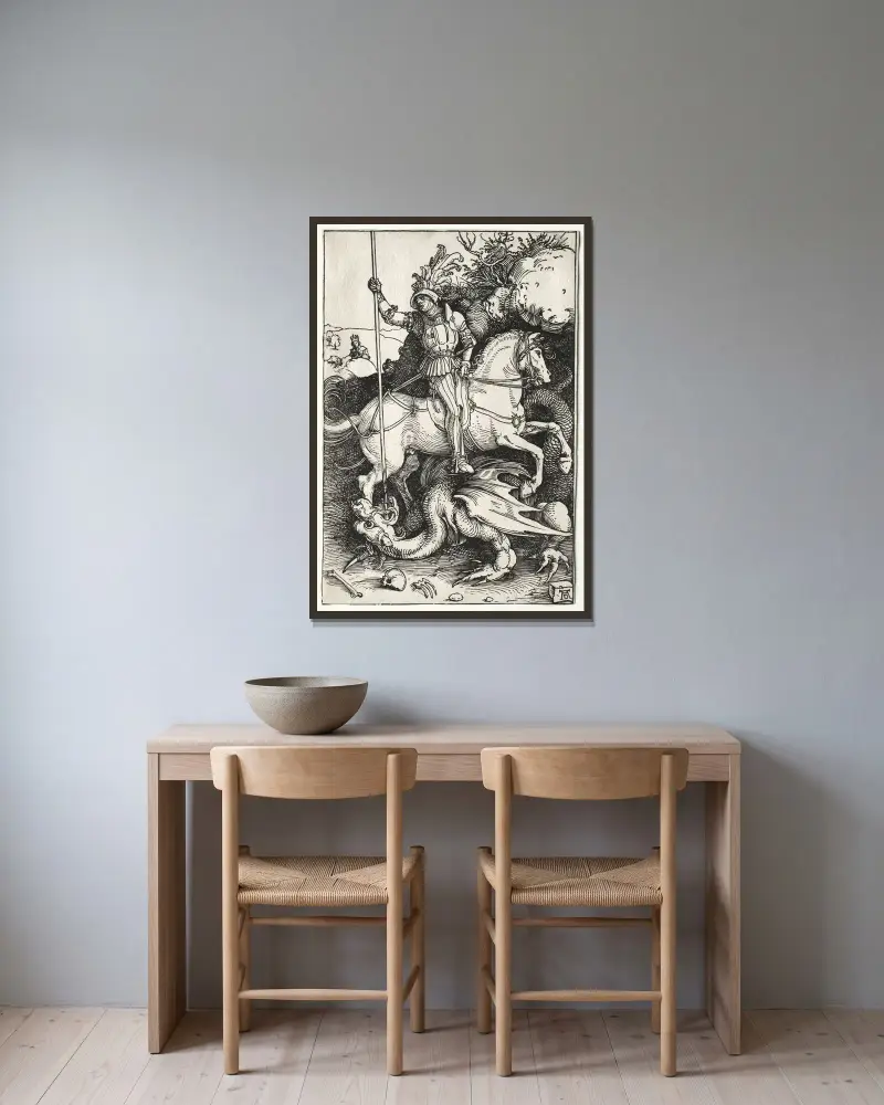 St. George Killing the Dragon av Albrecht Dürer inramad på en vägg