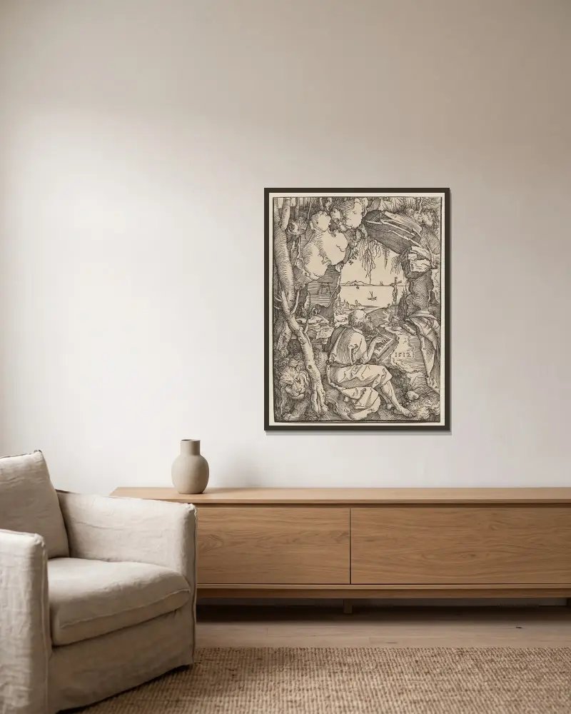 Svatý Jeroným v jeskyni, Albrecht Dürer v rámu na stěně