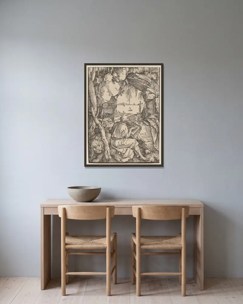 Svatý Jeroným v jeskyni, Albrecht Dürer v rámu na stěně