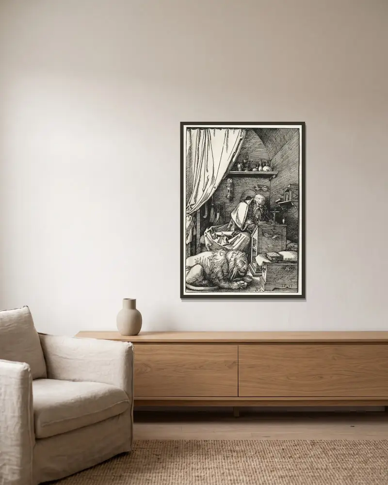 St. Jerome in His Cell av Albrecht Dürer inramad på en vägg