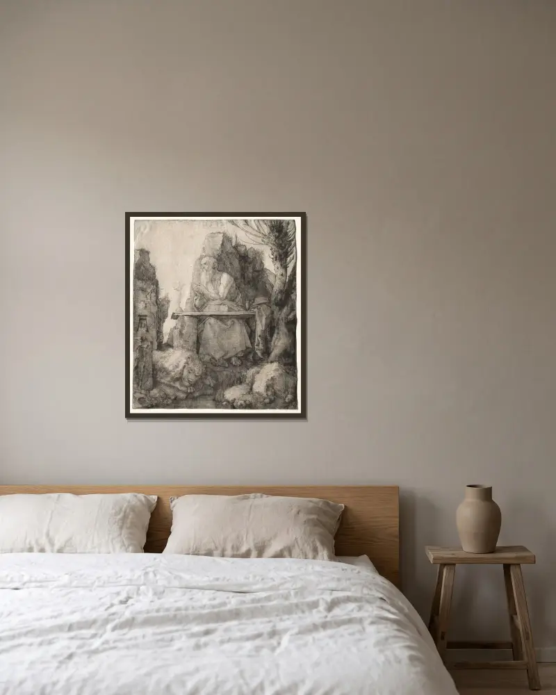 St. Jerome Seated near a Pollard Willow av Albrecht Dürer inramad på en vägg