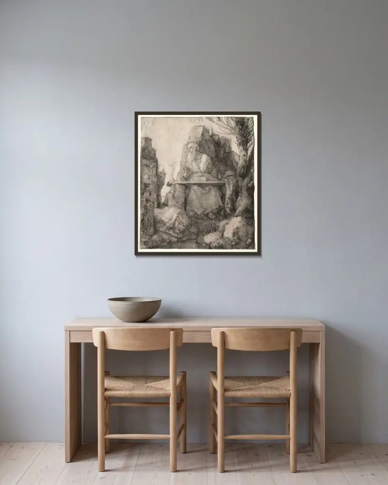 St. Jerome Seated near a Pollard Willow av Albrecht Dürer inramad på en vägg