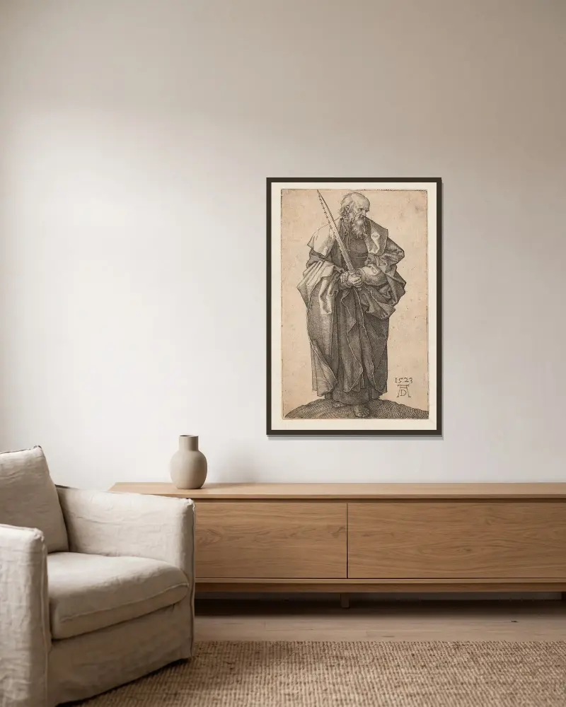 Der heilige Simon von Albrecht Dürer gerahmt an einer Wand