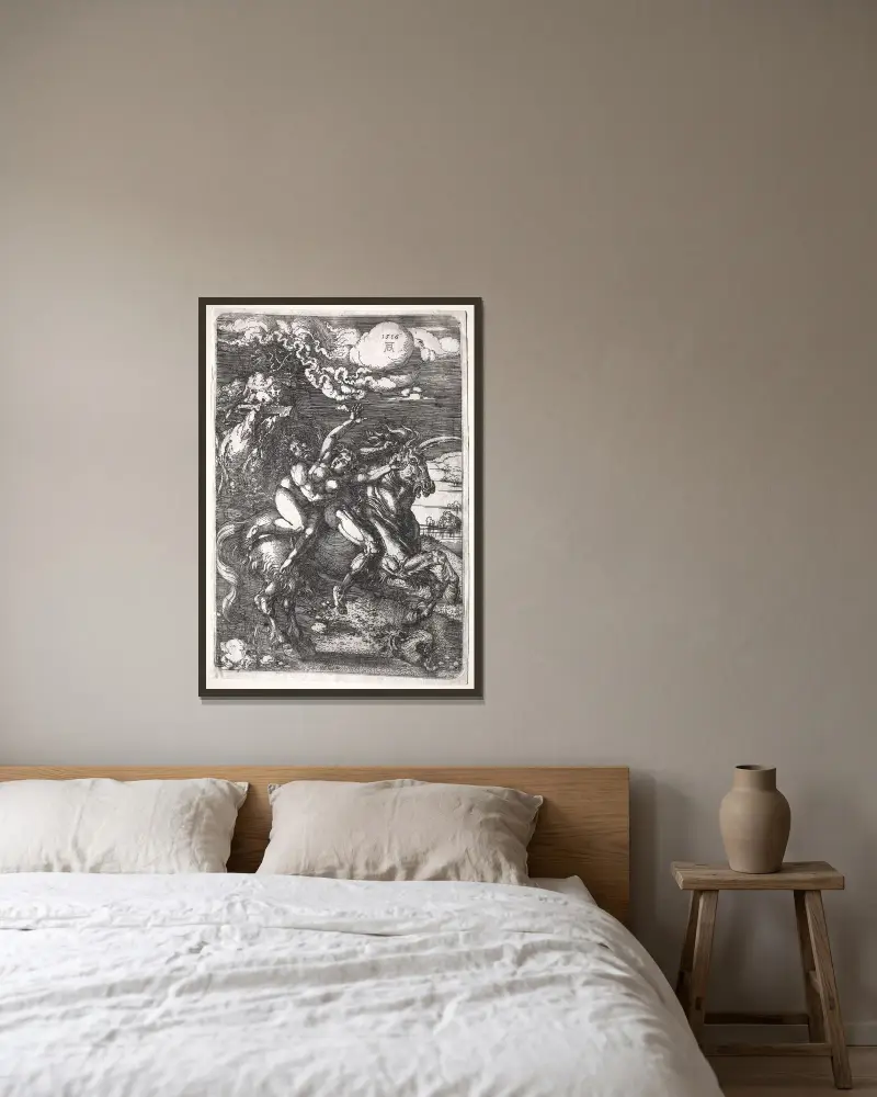 The Abduction on a Unicorn av Albrecht Dürer inramad på en vägg