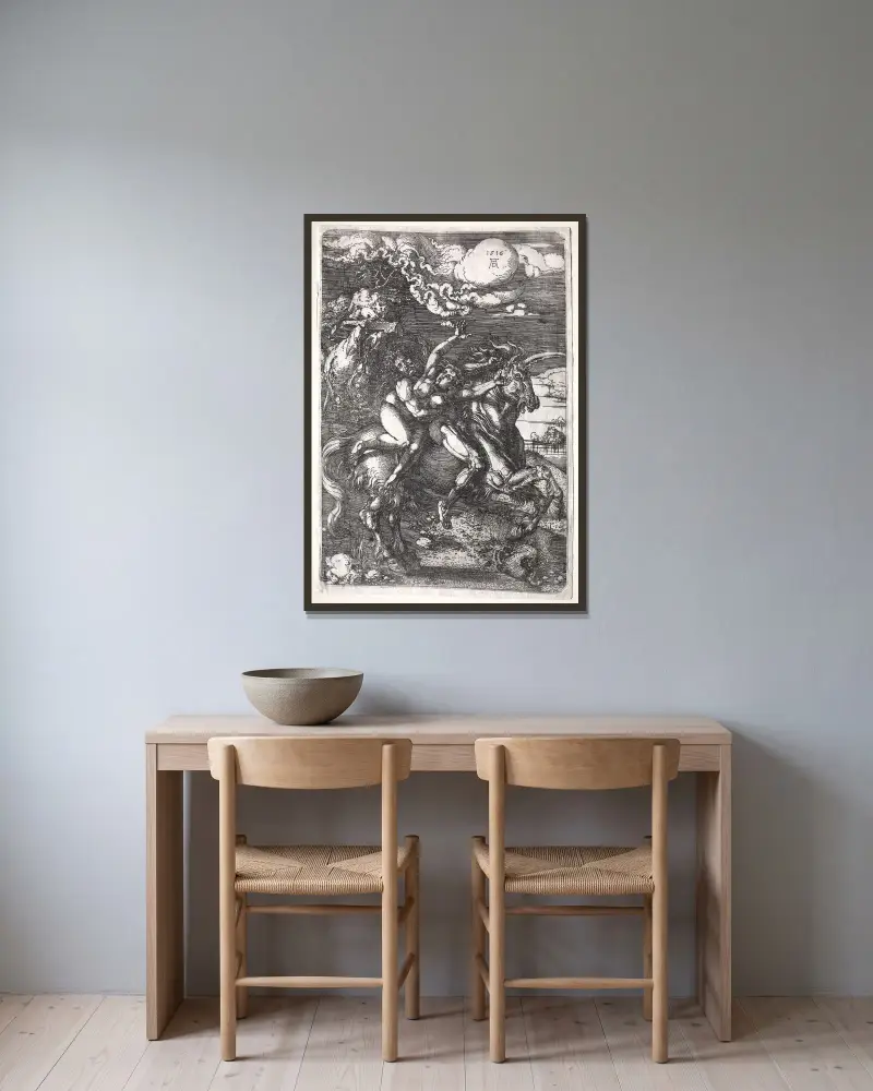 The Abduction on a Unicorn av Albrecht Dürer inramad på en vägg