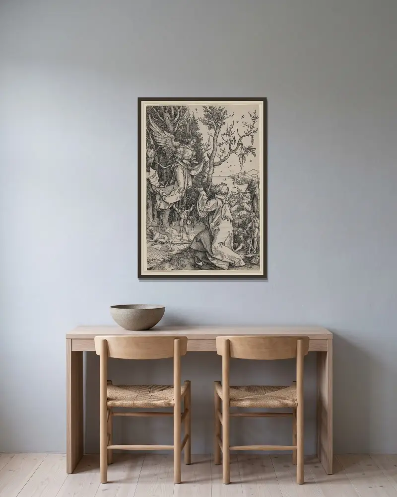 The angel appearing to Joachim – nr 1 av Albrecht Dürer inramad på en vägg