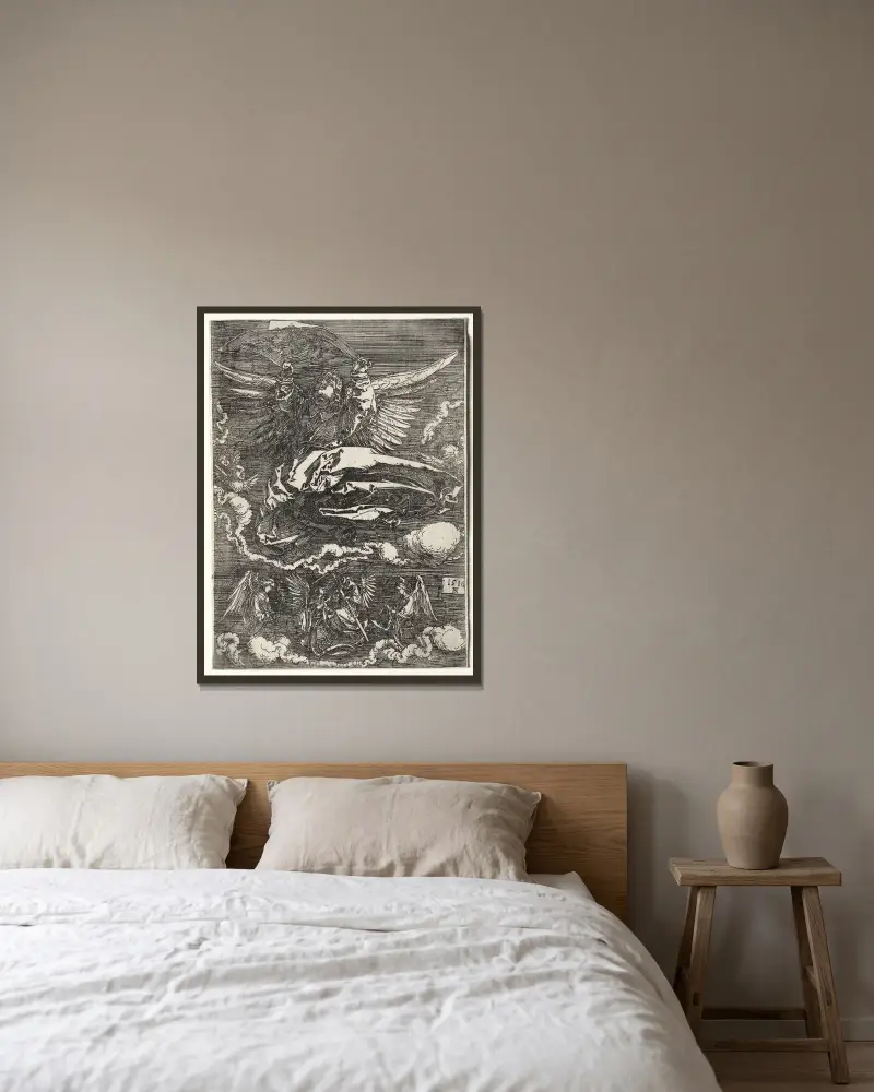 The Angel with the Sudarium av Albrecht Dürer inramad på en vägg