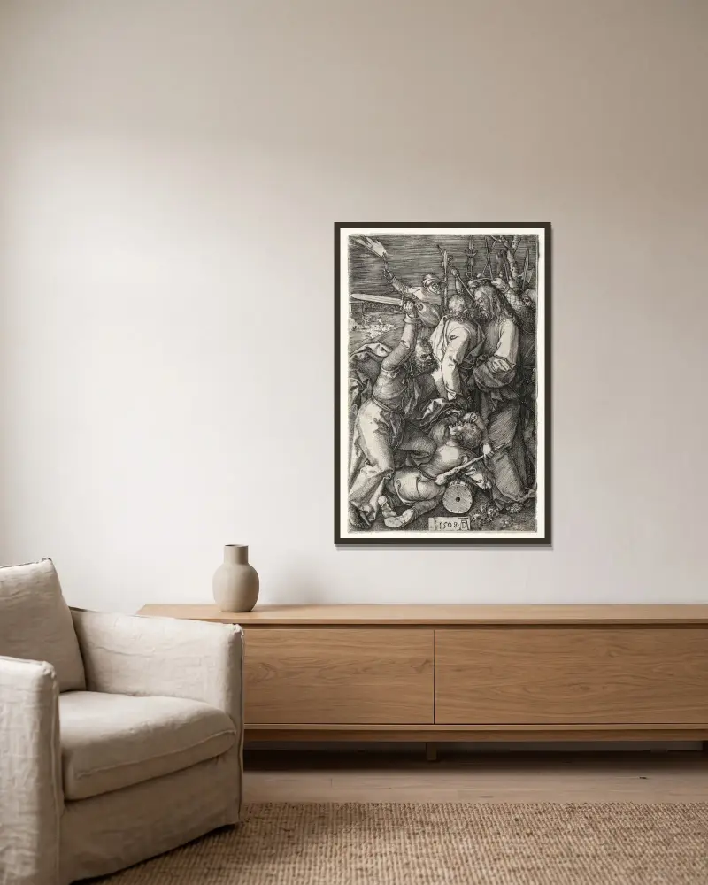 The Betrayal of Christ by Judas av Albrecht Dürer inramad på en vägg
