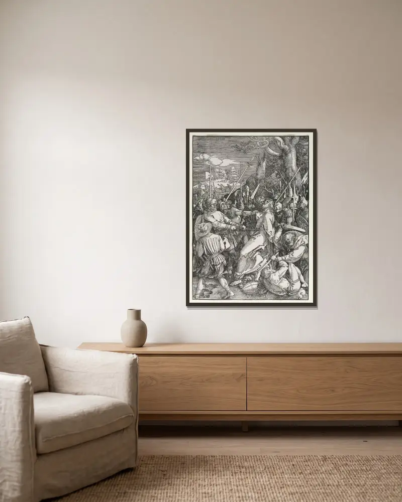 The Betrayal of Christ av Albrecht Dürer inramad på en vägg