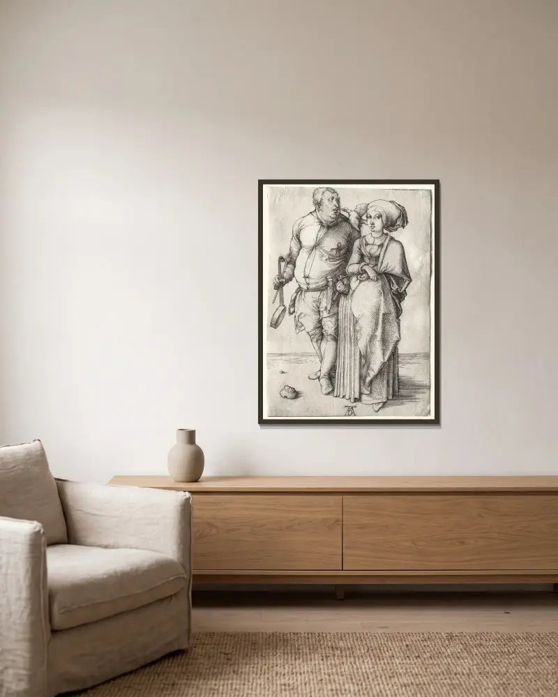 Kocken och hans hustru av Albrecht Dürer inramad på en vägg